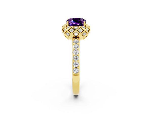 Yellow gold Cushion Cut Amethyst Scalloped Halo Engagement Ring with Round Shared Prong Band