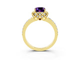 Yellow gold Cushion Cut Amethyst Scalloped Halo Engagement Ring with Round Shared Prong Band_27