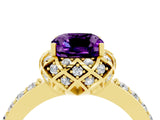 Yellow gold Cushion Cut Amethyst Scalloped Halo Engagement Ring with Round Shared Prong Band_28