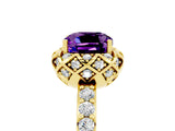 Yellow gold Cushion Cut Amethyst Scalloped Halo Engagement Ring with Round Shared Prong Band_29
