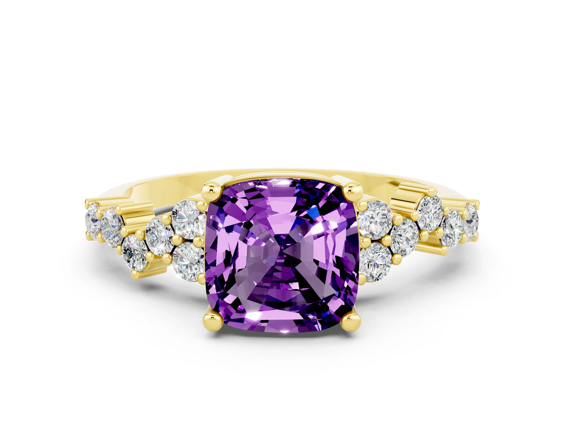 Yellow gold Cushion Cut Amethyst Scattered Round Accent Ring with Prong Setting_24