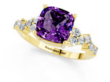 Yellow gold Cushion Cut Amethyst Scattered Round Accent Ring with Prong Setting_25