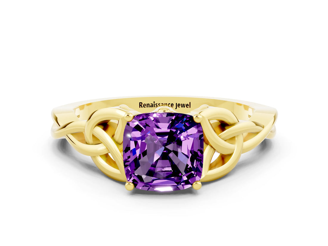 Yellow gold Cushion Cut Amethyst Solitaire Celtic Knot Ring with Four-Prong Setting_12
