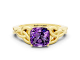 Yellow gold Cushion Cut Amethyst Solitaire Celtic Knot Ring with Four-Prong Setting_12