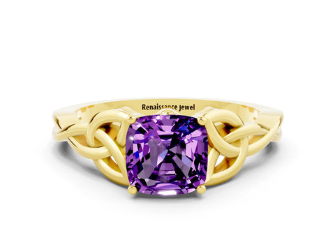 Yellow gold Cushion Cut Amethyst Solitaire Celtic Knot Ring with Four-Prong Setting_12