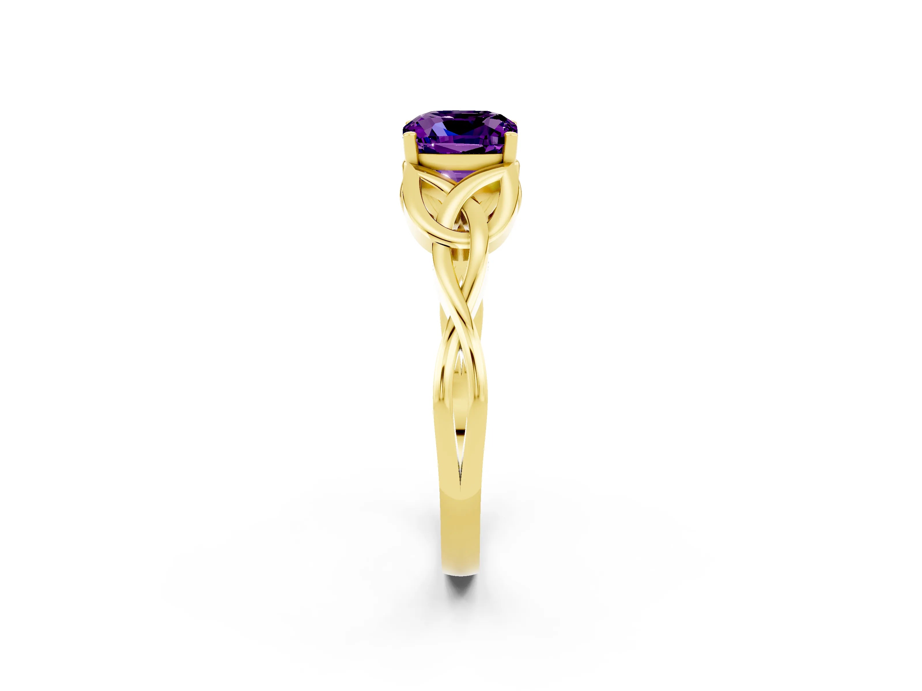 Yellow gold Cushion Cut Amethyst Solitaire Celtic Knot Ring with Four-Prong Setting_14