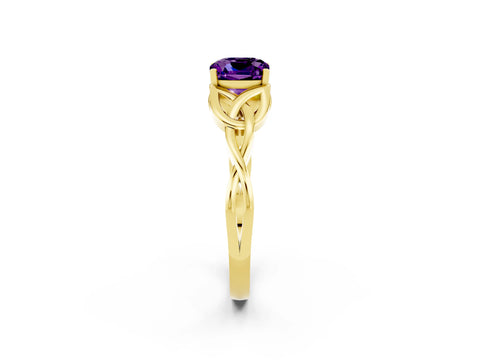 Yellow gold Cushion Cut Amethyst Solitaire Celtic Knot Ring with Four-Prong Setting_14