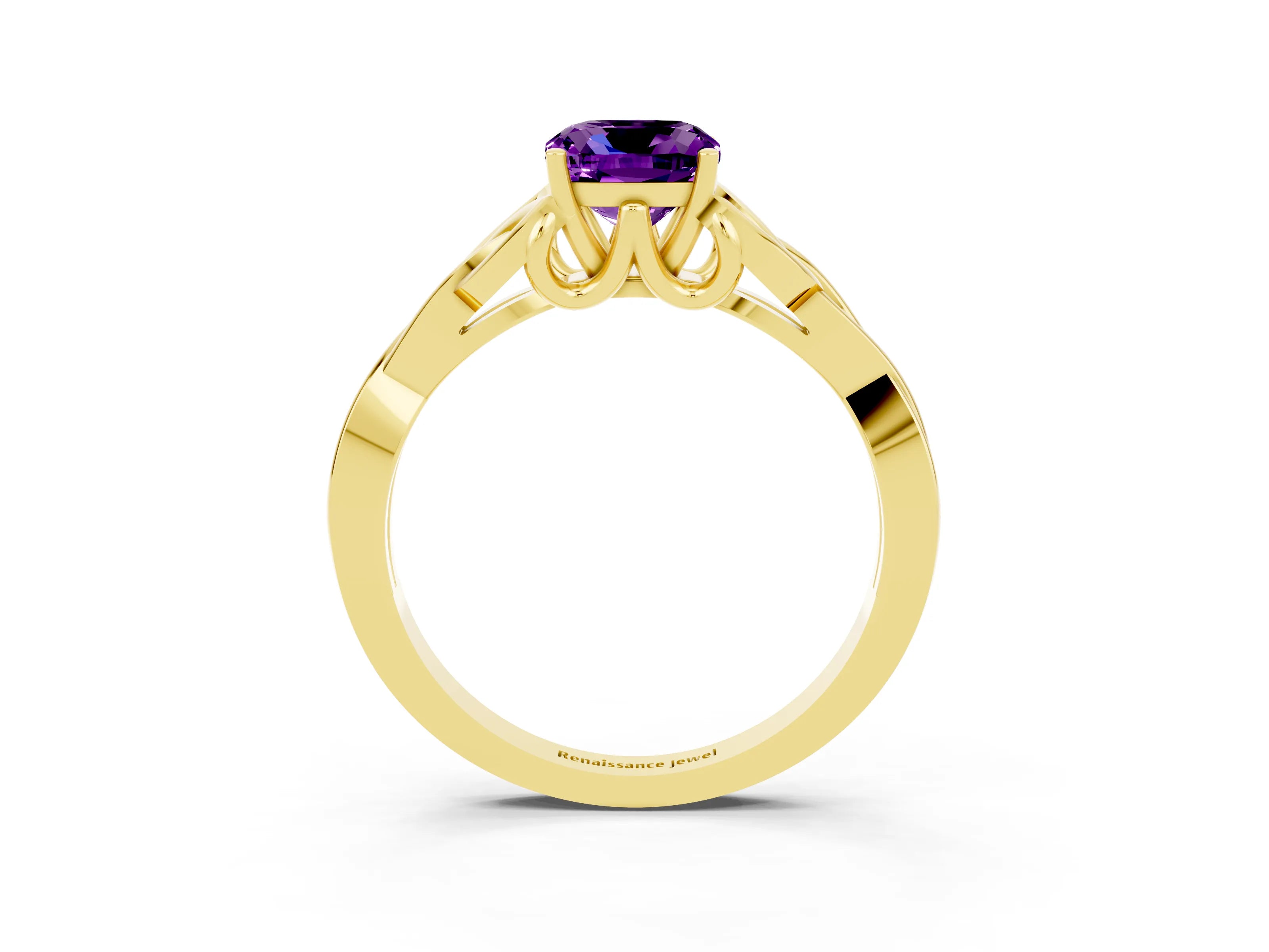 Yellow gold Cushion Cut Amethyst Solitaire Celtic Knot Ring with Four-Prong Setting_15