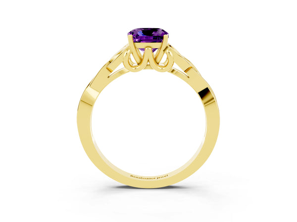 Yellow gold Cushion Cut Amethyst Solitaire Celtic Knot Ring with Four-Prong Setting