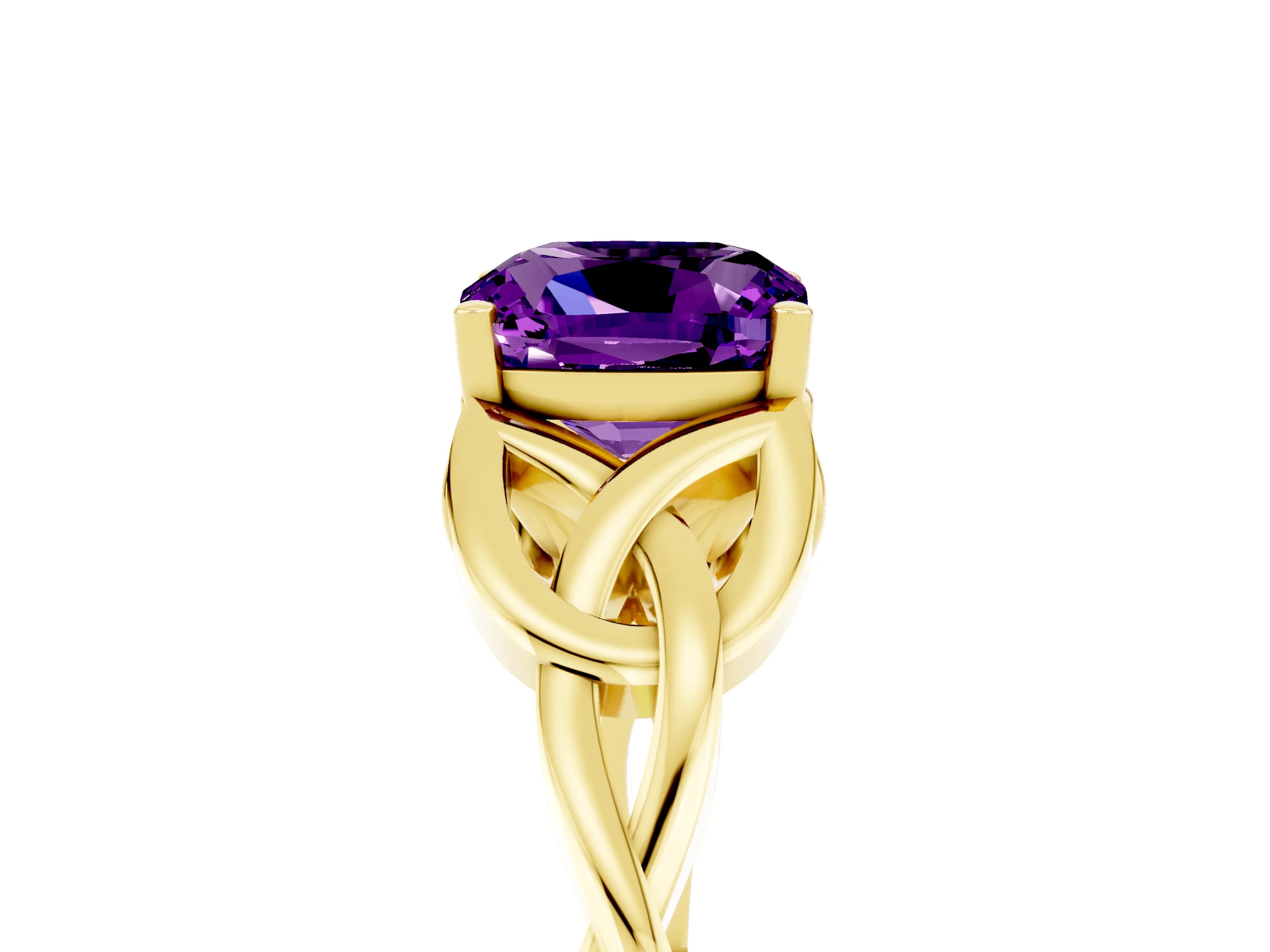 Yellow gold Cushion Cut Amethyst Solitaire Celtic Knot Ring with Four-Prong Setting_17