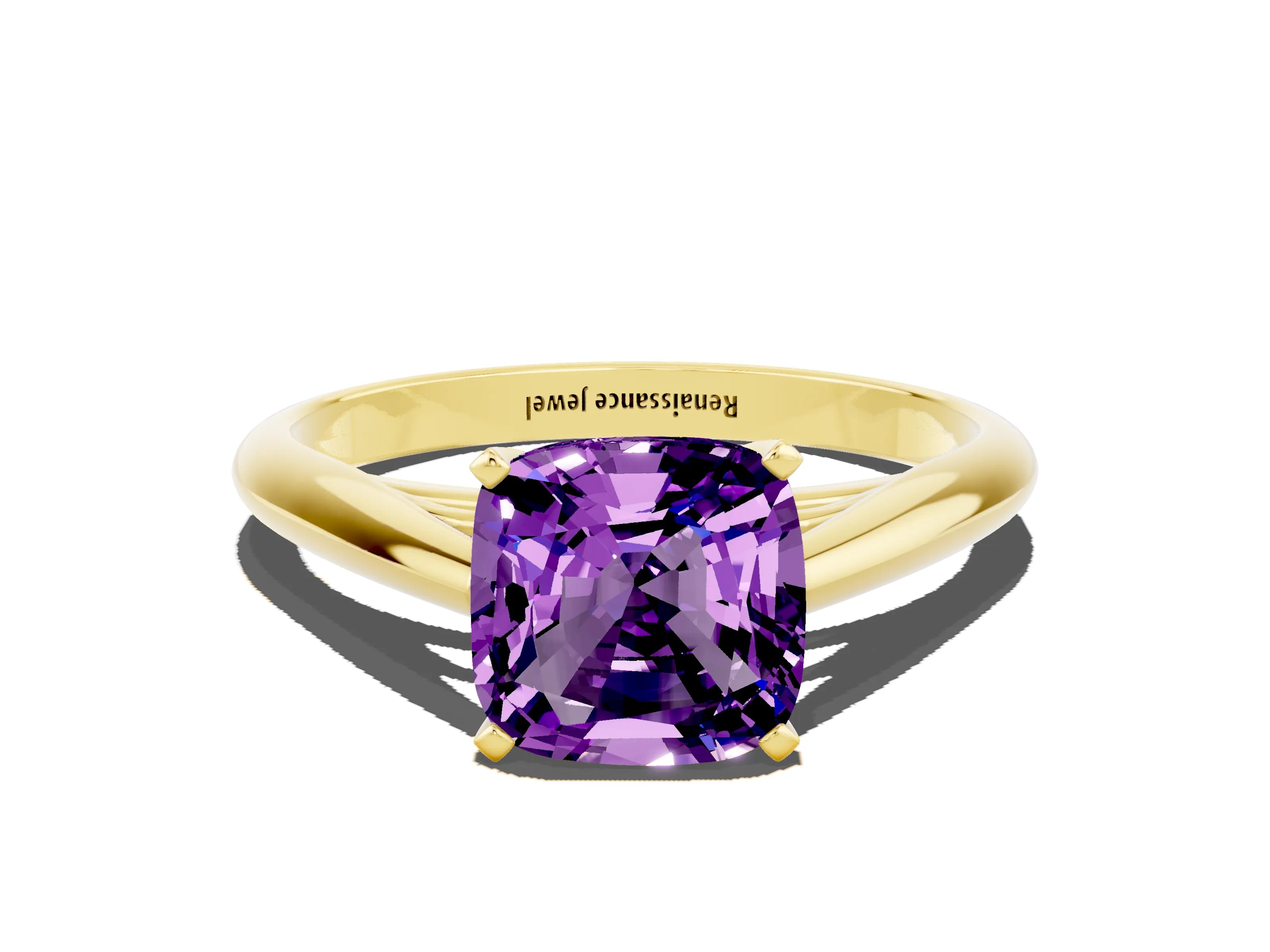 Yellow gold Cushion Cut Amethyst Solitaire Engagement Ring with Cathedral Setting and Four-Prong Mount_12