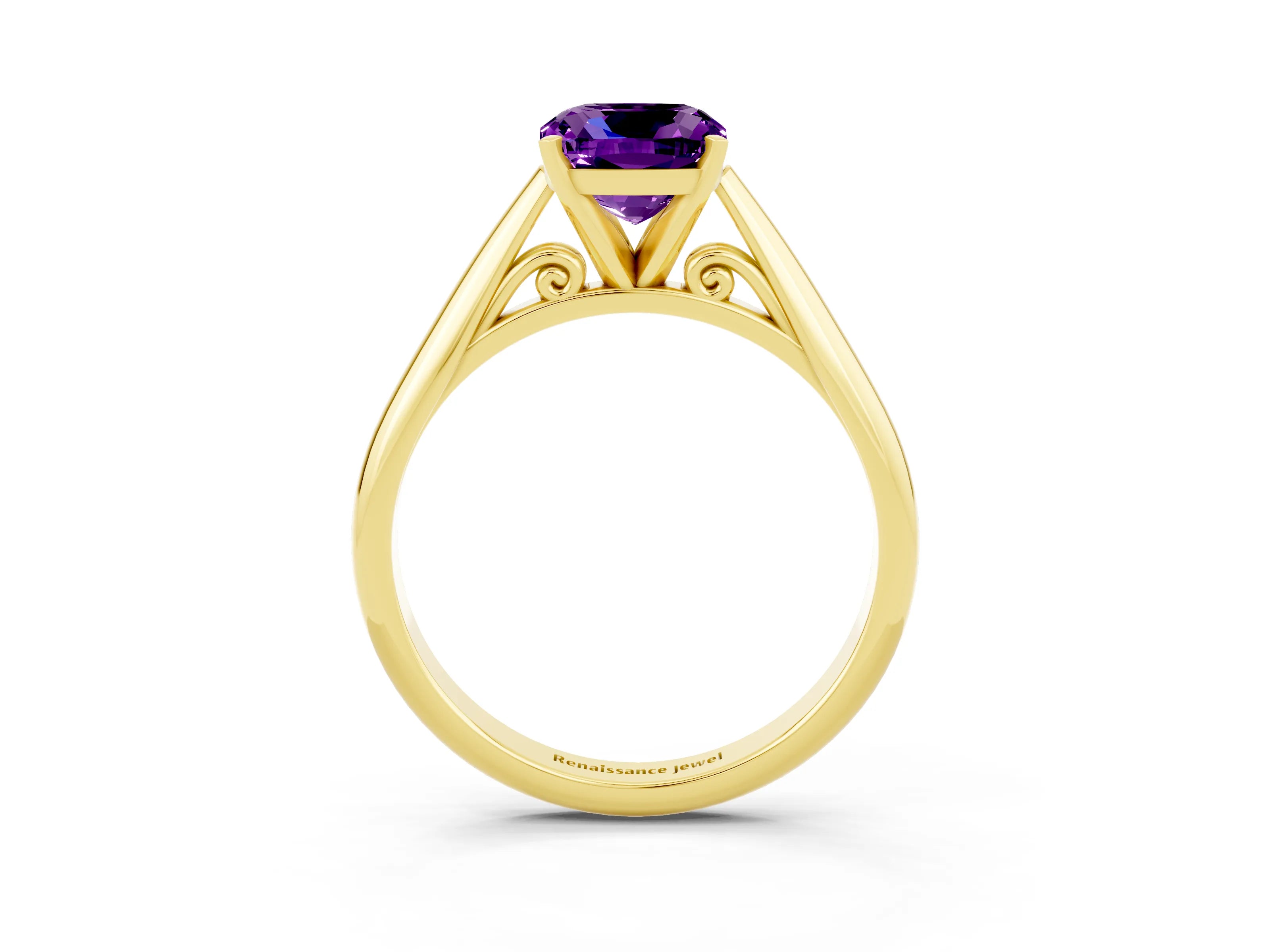 Yellow gold Cushion Cut Amethyst Solitaire Engagement Ring with Cathedral Setting and Four-Prong Mount_15