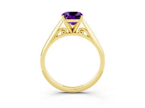Yellow gold Cushion Cut Amethyst Solitaire Engagement Ring with Cathedral Setting and Four-Prong Mount_15