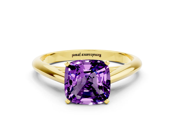 Yellow gold Cushion Cut Amethyst Solitaire Engagement Ring with Cathedral Setting and Four-Prong Mount