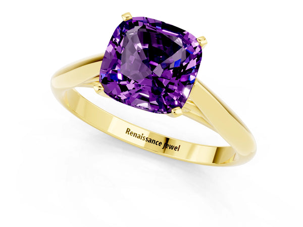 Yellow gold Cushion Cut Amethyst Solitaire Engagement Ring with Cathedral Setting and Four-Prong Mount