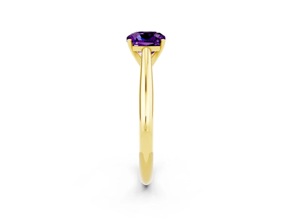 Yellow gold Cushion Cut Amethyst Solitaire Engagement Ring with Cathedral Setting and Four-Prong Mount