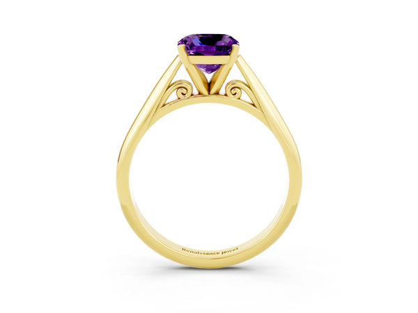 Yellow gold Cushion Cut Amethyst Solitaire Engagement Ring with Cathedral Setting and Four-Prong Mount