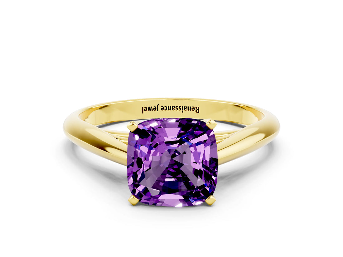 Yellow gold Cushion Cut Amethyst Solitaire Engagement Ring with Cathedral Setting and Four-Prong Mount_66