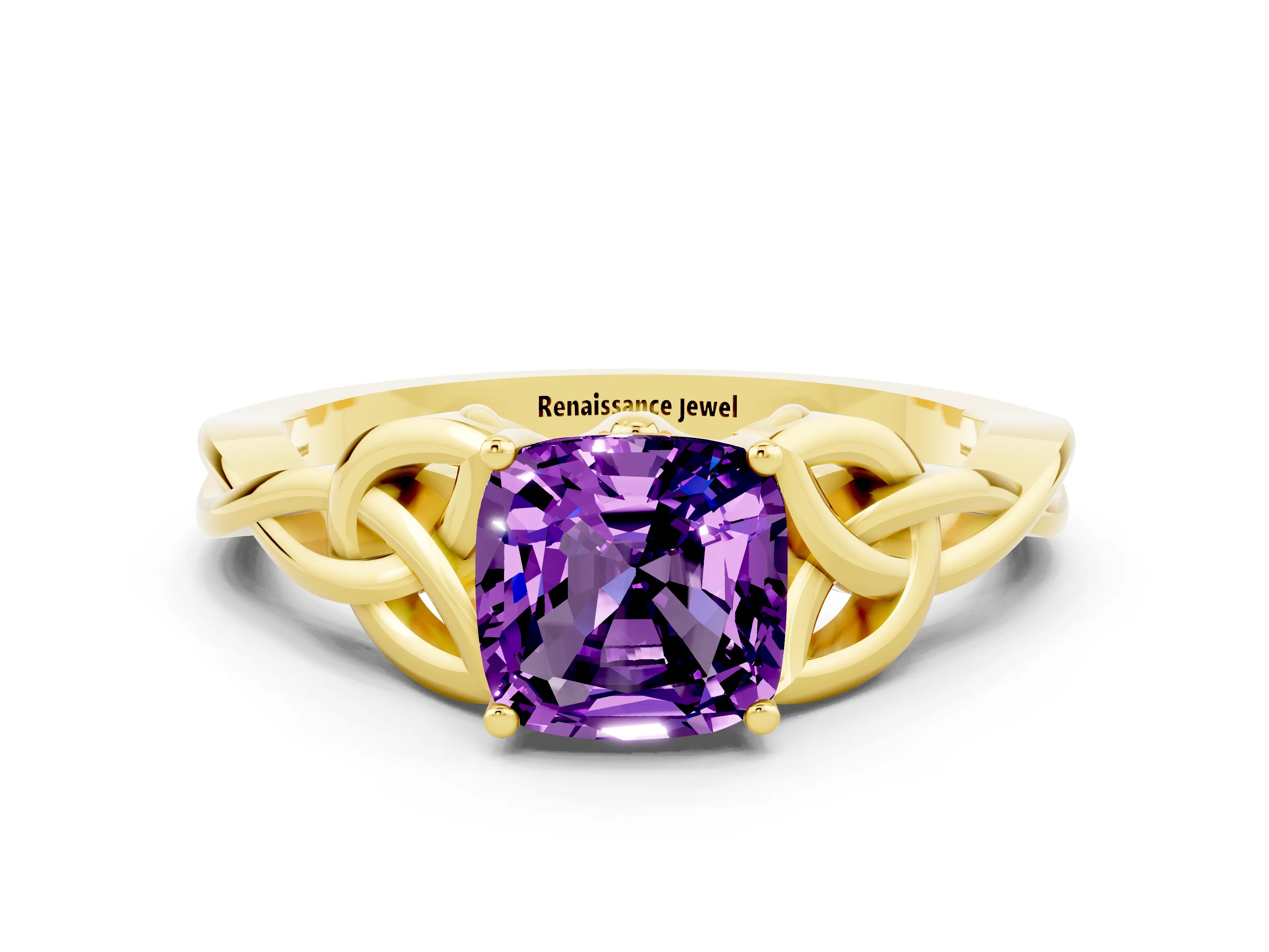 Yellow gold Cushion Cut Amethyst Solitaire Engagement Ring with Celtic Knot Band and Four-Prong Setting