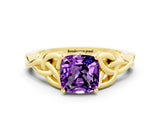 Yellow gold Cushion Cut Amethyst Solitaire Engagement Ring with Celtic Knot Band and Four-Prong Setting