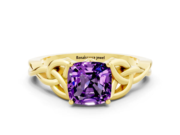 Yellow gold Cushion Cut Amethyst Solitaire Engagement Ring with Celtic Knot Band and Four-Prong Setting