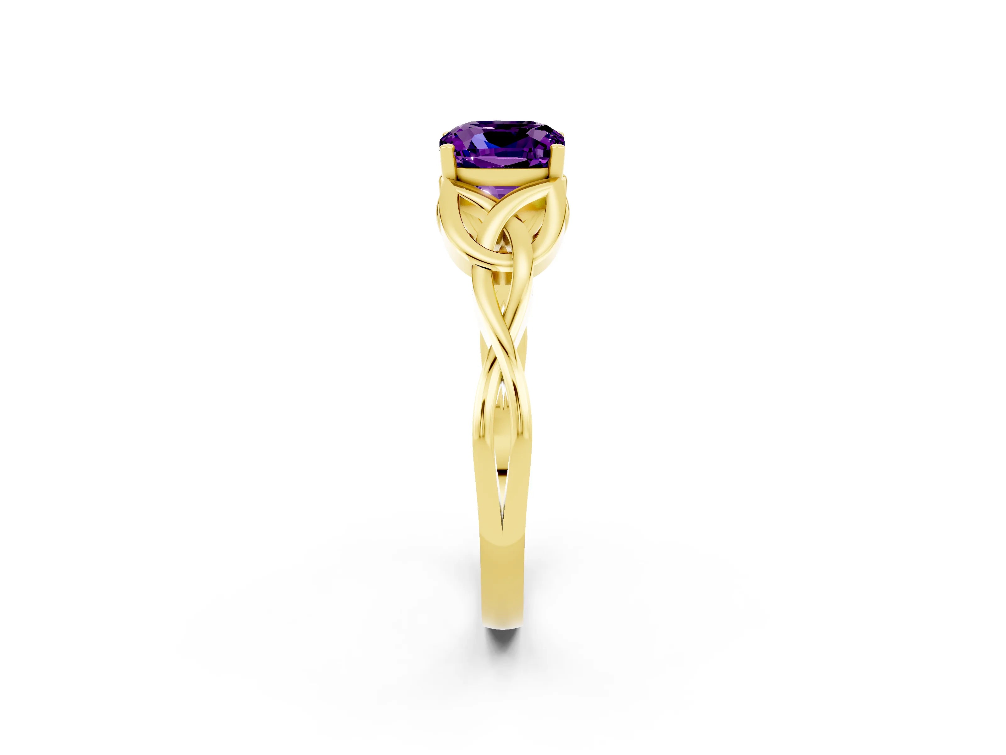 Yellow gold Cushion Cut Amethyst Solitaire Engagement Ring with Celtic Knot Band and Four-Prong Setting_2