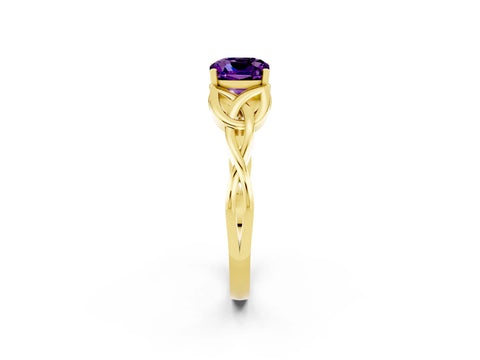 Yellow gold Cushion Cut Amethyst Solitaire Engagement Ring with Celtic Knot Band and Four-Prong Setting_2