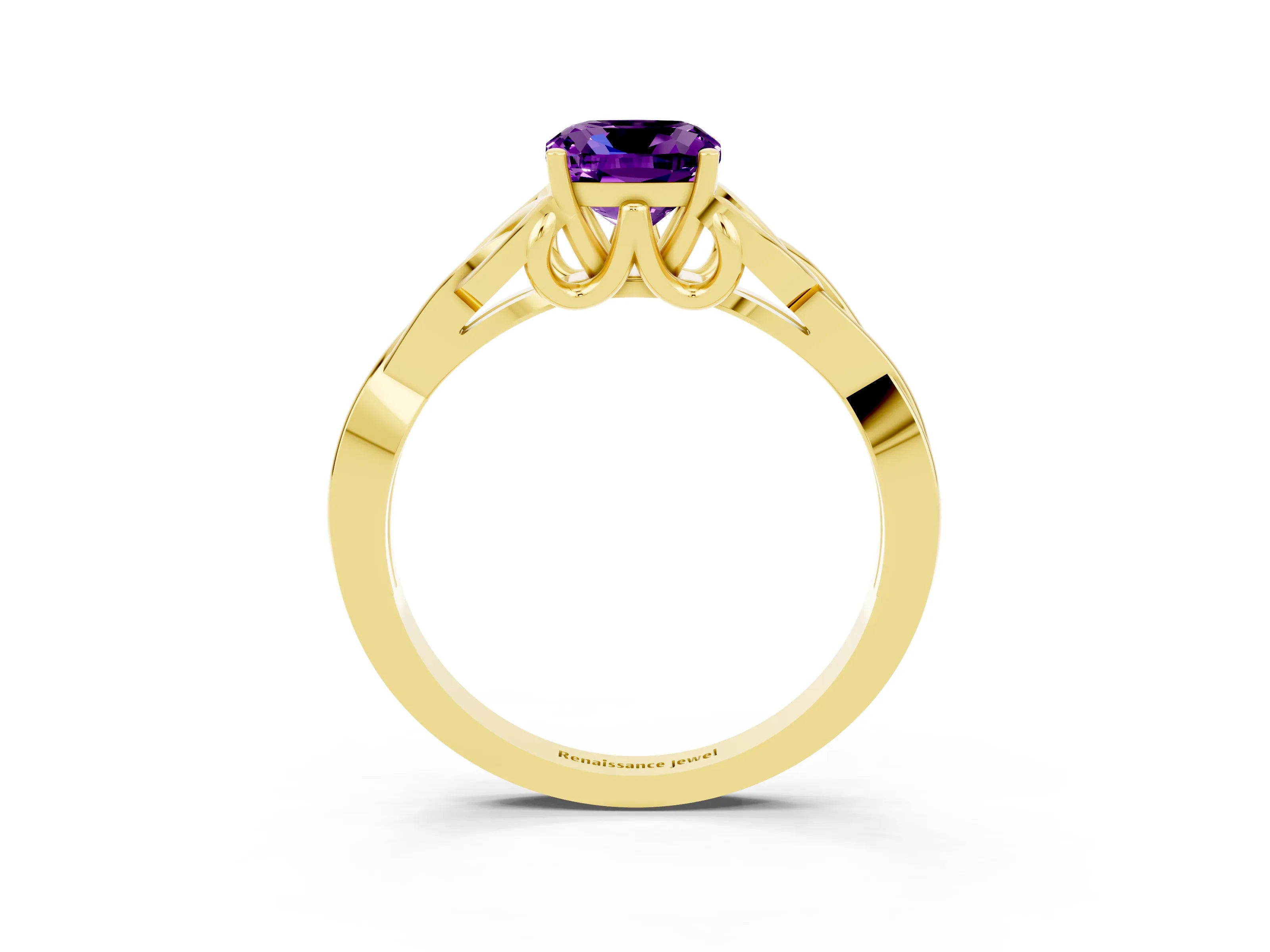 Yellow gold Cushion Cut Amethyst Solitaire Engagement Ring with Celtic Knot Band and Four-Prong Setting_3
