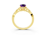 Yellow gold Cushion Cut Amethyst Solitaire Engagement Ring with Celtic Knot Band and Four-Prong Setting_3