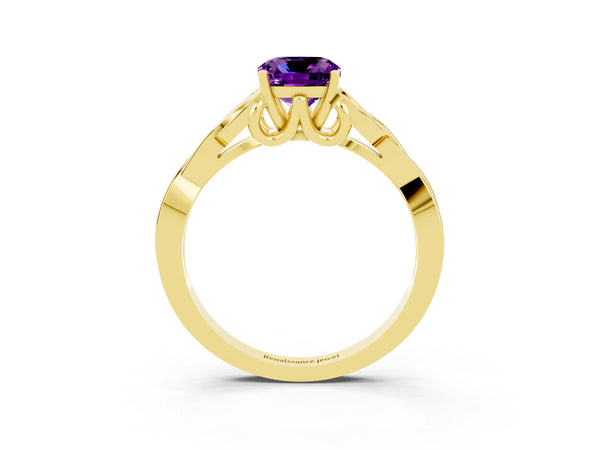 Yellow gold Cushion Cut Amethyst Solitaire Engagement Ring with Celtic Knot Band and Four-Prong Setting
