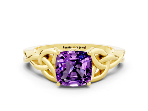 Yellow gold Cushion Cut Amethyst Solitaire Engagement Ring with Celtic Knot Band and Four-Prong Setting