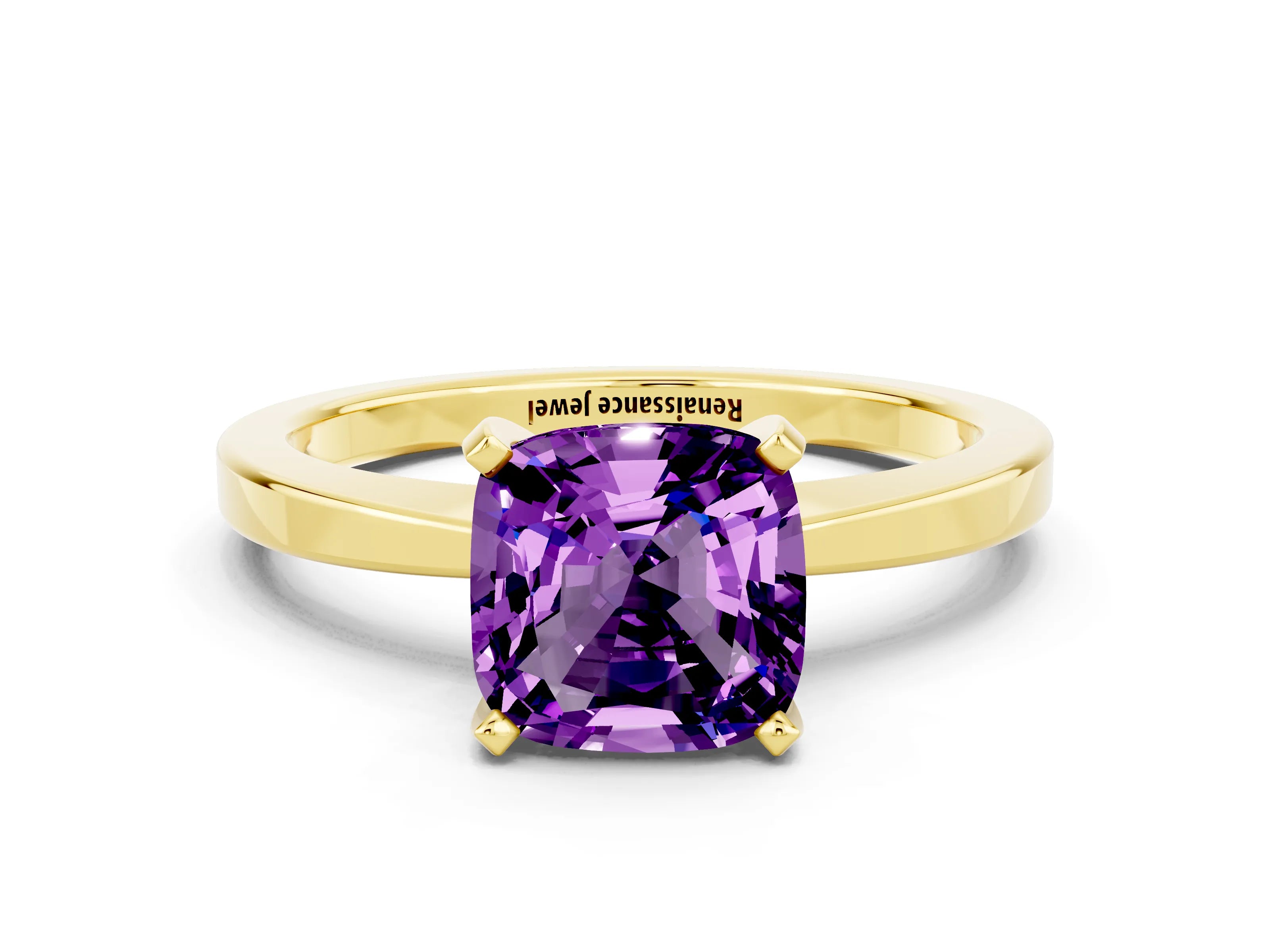 Yellow gold Cushion Cut Amethyst Solitaire Engagement Ring with Classic Band and Four-Prong Setting_24