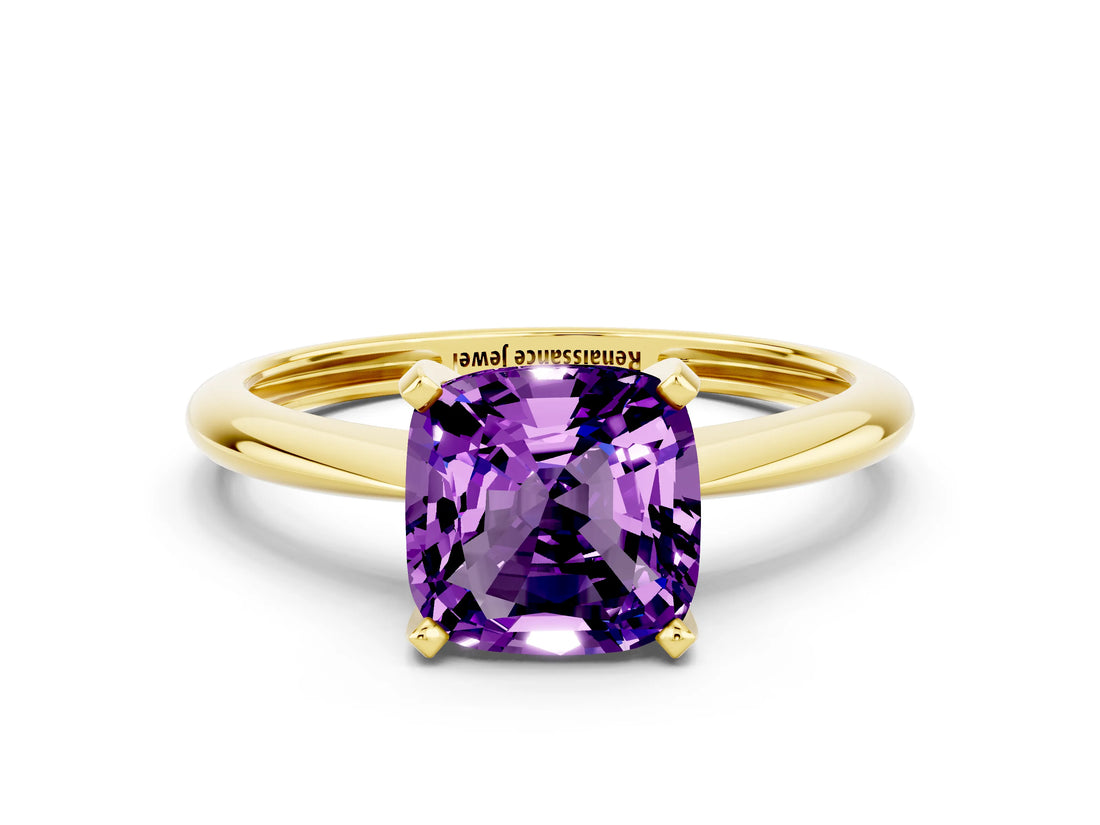 Yellow gold Cushion Cut Amethyst Solitaire Engagement Ring with Classic Band and Four-Prong Setting_24