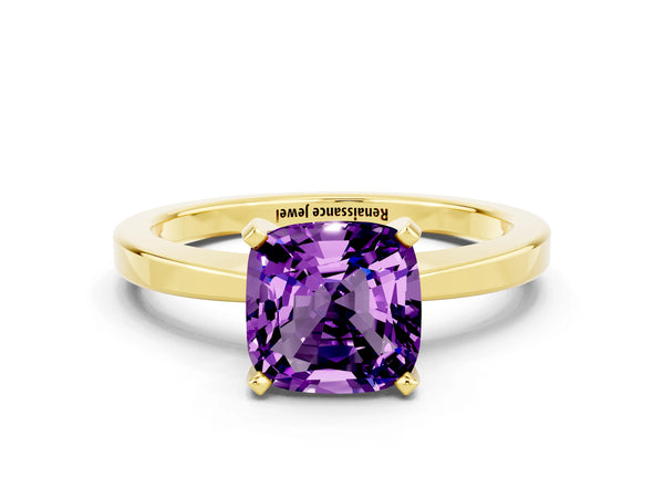 Yellow gold Cushion Cut Amethyst Solitaire Engagement Ring with Classic Band and Four-Prong Setting