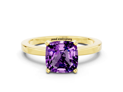 Yellow gold Cushion Cut Amethyst Solitaire Engagement Ring with Classic Band and Four-Prong Setting_24