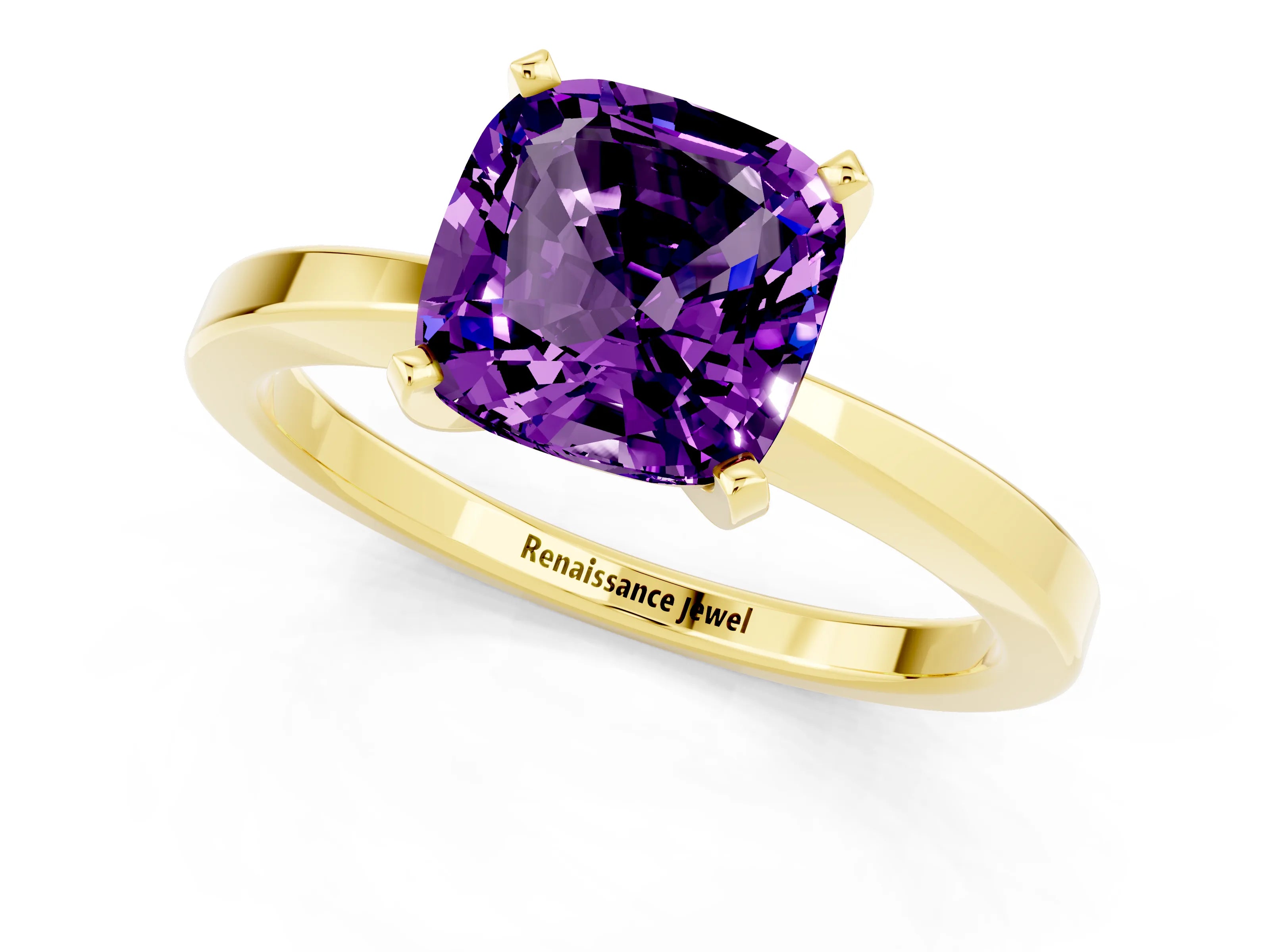 Yellow gold Cushion Cut Amethyst Solitaire Engagement Ring with Classic Band and Four-Prong Setting_25