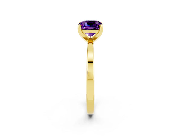 Yellow gold Cushion Cut Amethyst Solitaire Engagement Ring with Classic Band and Four-Prong Setting
