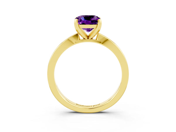 Yellow gold Cushion Cut Amethyst Solitaire Engagement Ring with Classic Band and Four-Prong Setting