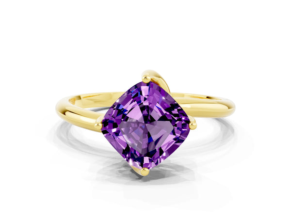 Yellow gold Cushion Cut Amethyst Solitaire Engagement Ring with Four-Prong Setting and Classic Band