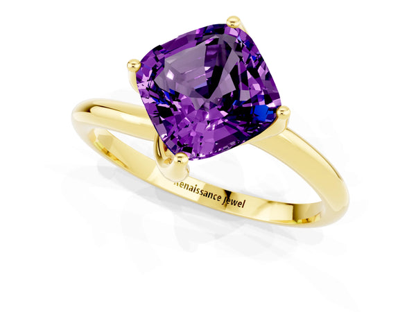 Yellow gold Cushion Cut Amethyst Solitaire Engagement Ring with Four-Prong Setting and Classic Band