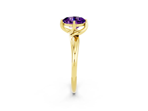 Yellow gold Cushion Cut Amethyst Solitaire Engagement Ring with Four-Prong Setting and Classic Band