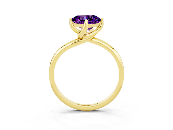 Yellow gold Cushion Cut Amethyst Solitaire Engagement Ring with Four-Prong Setting and Classic Band