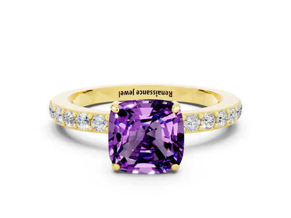 Yellow gold Cushion Cut Amethyst Solitaire Engagement Ring with Pavé Band and Four-Prong Setting
