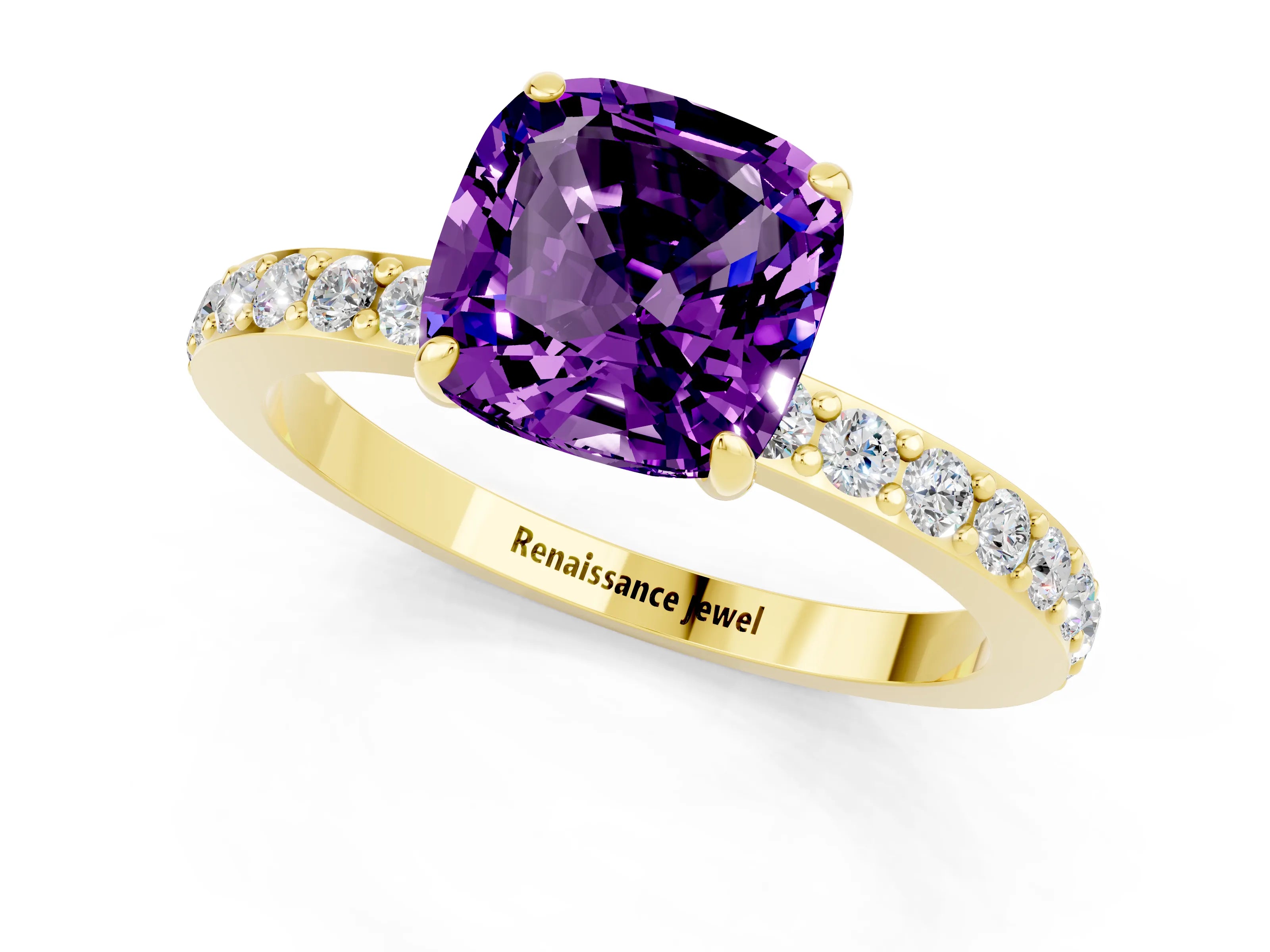 Yellow gold Cushion Cut Amethyst Solitaire Engagement Ring with Pavé Band and Four-Prong Setting_1