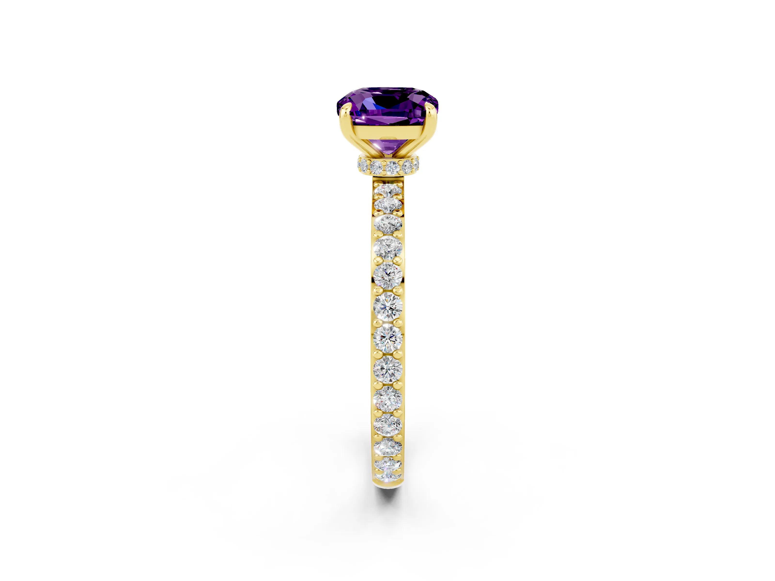 Yellow gold Cushion Cut Amethyst Solitaire Engagement Ring with Pavé Band and Four-Prong Setting_2