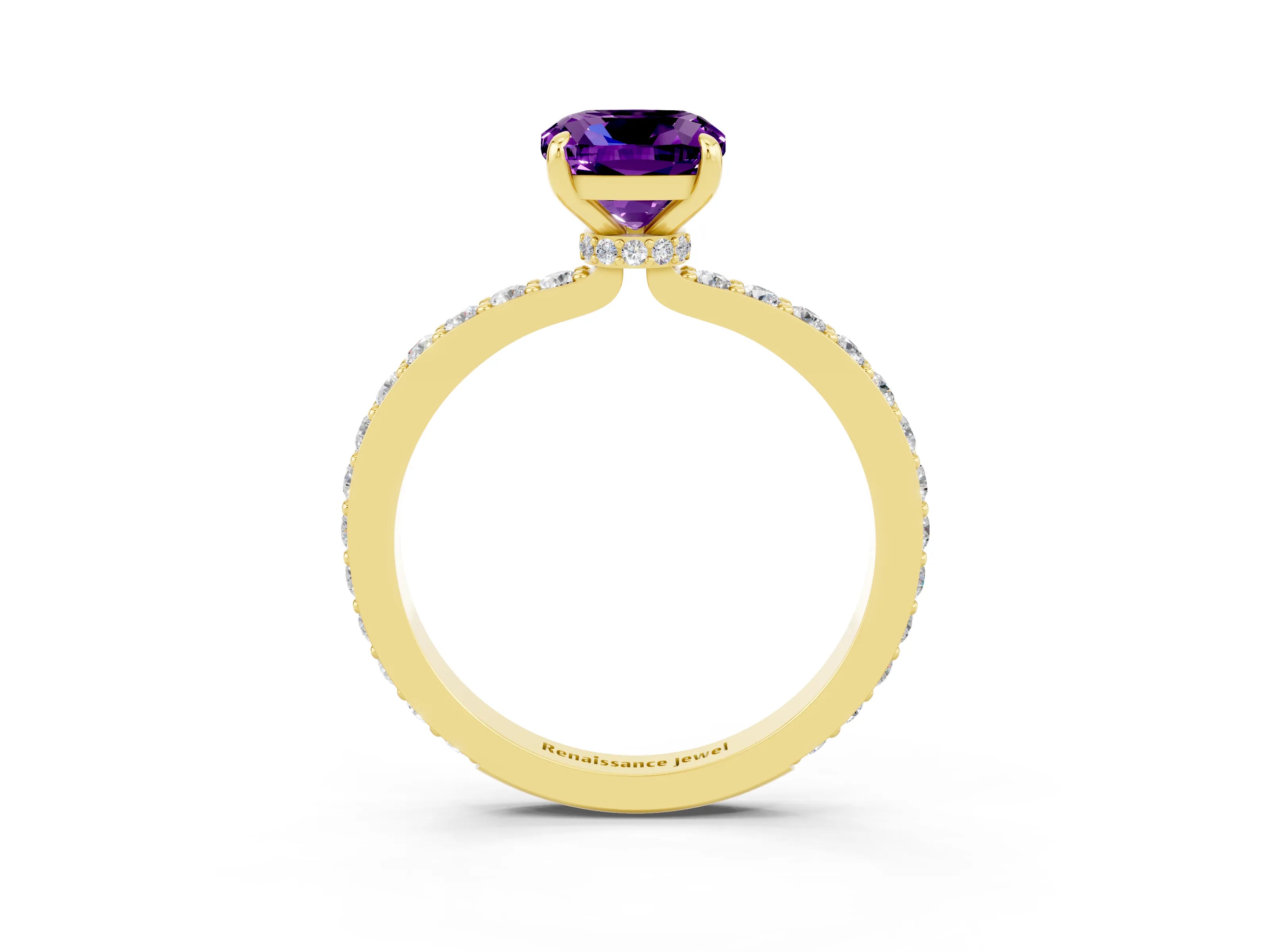 Yellow gold Cushion Cut Amethyst Solitaire Engagement Ring with Pavé Band and Four-Prong Setting_3