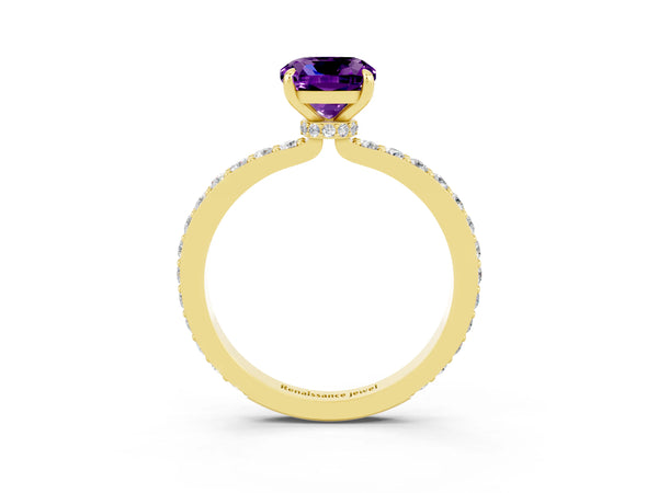 Yellow gold Cushion Cut Amethyst Solitaire Engagement Ring with Pavé Band and Four-Prong Setting