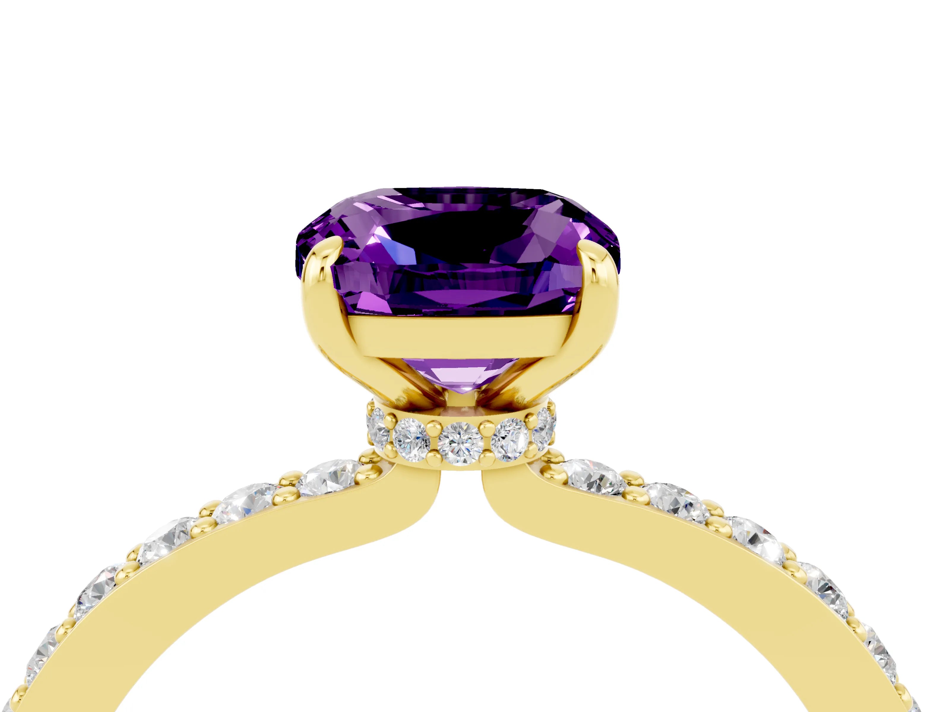 Yellow gold Cushion Cut Amethyst Solitaire Engagement Ring with Pavé Band and Four-Prong Setting_4