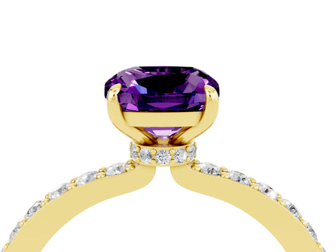 Yellow gold Cushion Cut Amethyst Solitaire Engagement Ring with Pavé Band and Four-Prong Setting_4