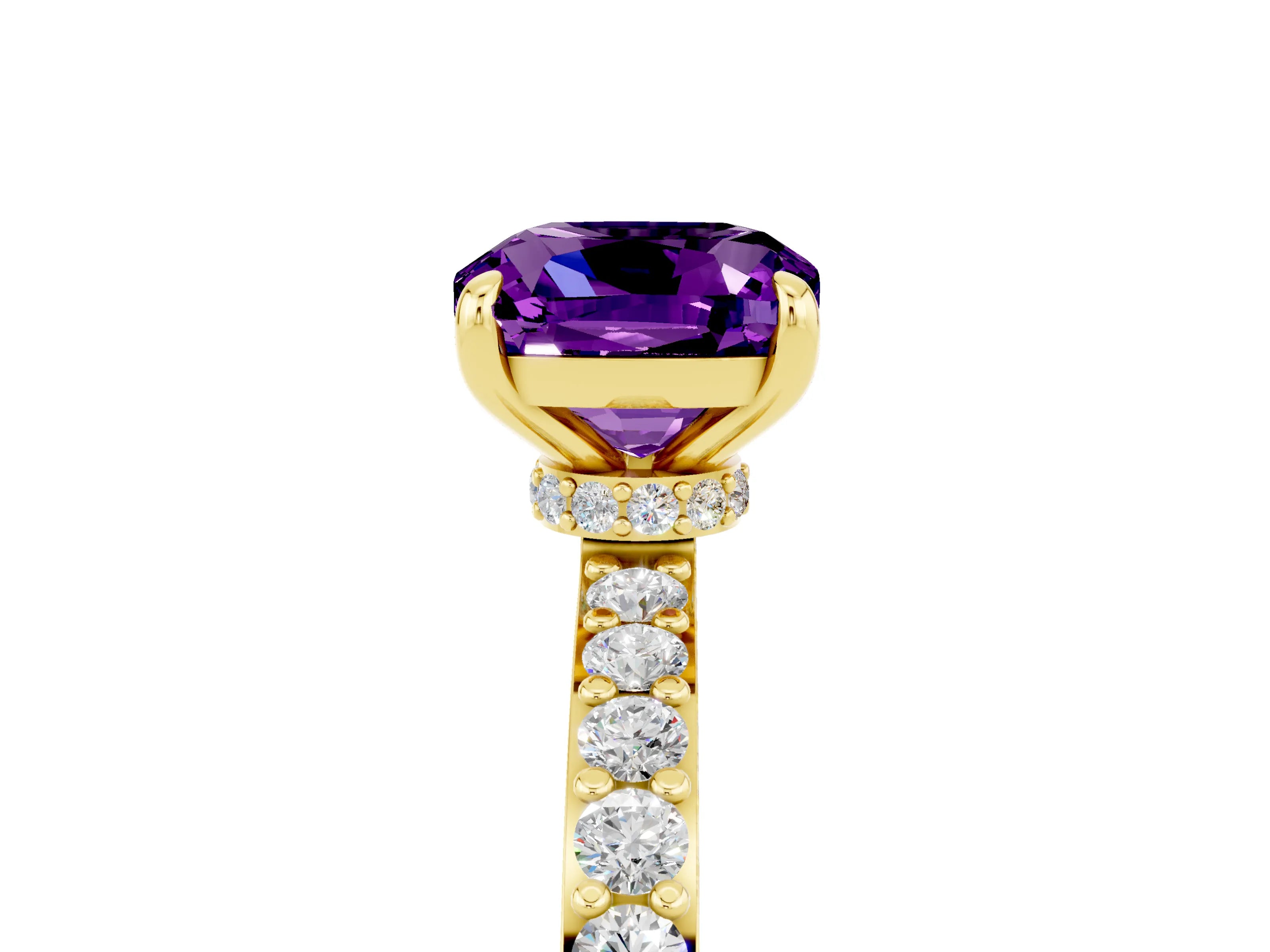 Yellow gold Cushion Cut Amethyst Solitaire Engagement Ring with Pavé Band and Four-Prong Setting_5